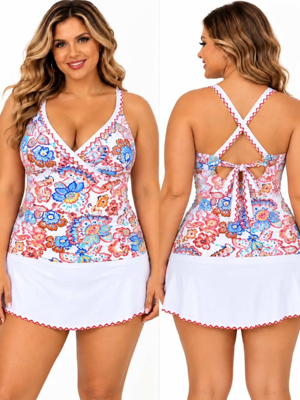 2XL White Paisley Tummy Control Tankini with Swim Skirt   2 Piece Swimsuit NWOT